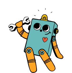 Brooklyn Robot Foundry's mascot the Bitsy Bot has an LED on its head and proudly shows a wrench.